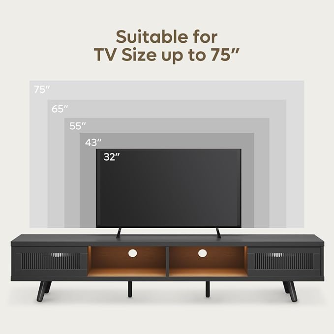 Bestier Mid Century Modern TV Stand for 75 inch TV, LED Entertainment Center with Storage and Sliding Doors, Low Profile TV Consoles for Living Room, Embossed Black