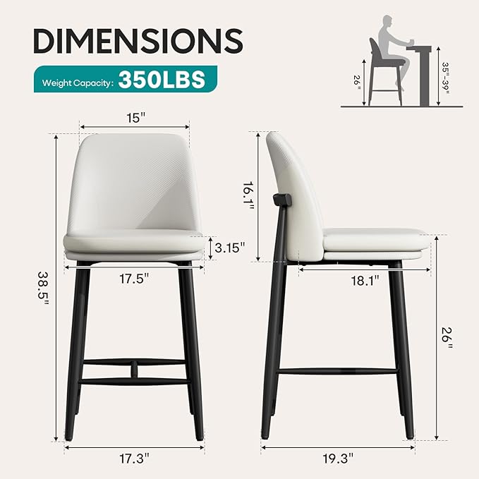 GXJ Bar Stools Set of 6, Upholstered Counter Height Bar Stools, 26 Inch Modern Counter Stools with Back, Textured Leather&Fabric, Metal Legs,Barstools for Kitchen Island Dining Room, White