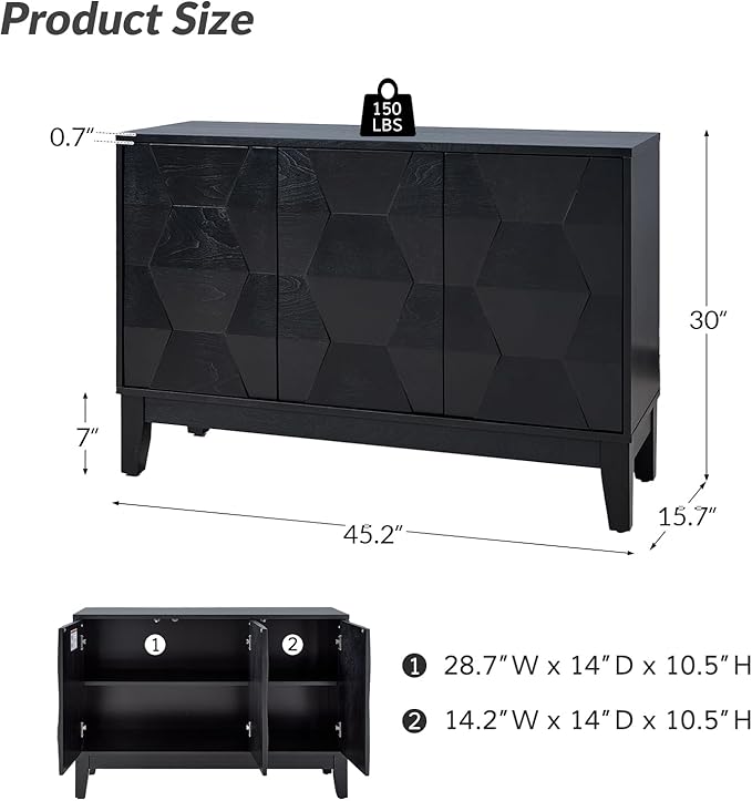 HULALA HOME Modern Kitchen Buffet Cabinet Storage Sideboard with 3D Geometric Design, Freestanding Floor Cabinet with 3 Doors & 2 Adjustable Interior Shelves for Living Room Dining Room Hallway, Black