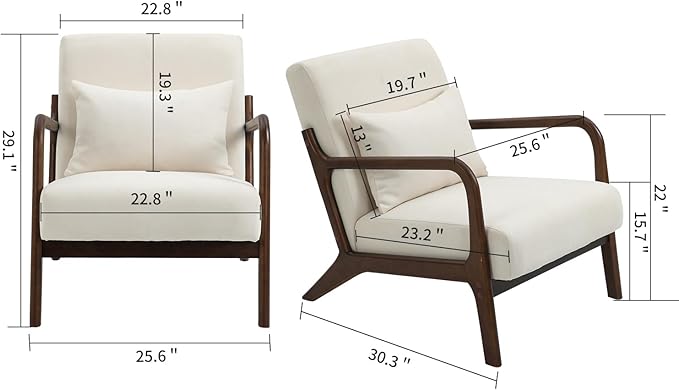 KEIKI Mid Century Modern Accent Chair Wood Frame, Cotton Linen Modern Minimalist Armchair for Small Spaces Living Room Bedroom Sunroom, Lounge Seat with Waist Cushion, Padded, Easy Setup, White
