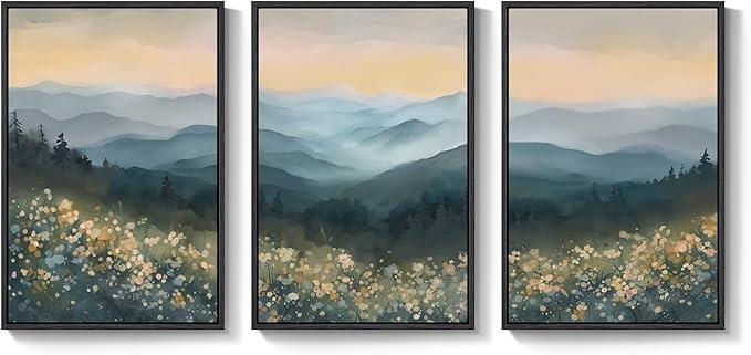 Framed Mountain Landscape Wall Art for Living Room, Large Watercolor Wildflower Scenic Artwork for Walls, 3 Piece Boho Foggy Nature Aesthetic Canvas Painting Print for Bedroom Office Kitchen, 24x36 In