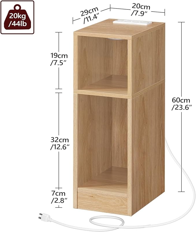 MAHANCRIS Narrow Nightstand with LED Light, Narrow End Table with Charging Station, Skinny Bedside Table for Small Spaces, Mid Century Modern Night Stand for Bedroom, Living Roon, Natural ETNA30E01