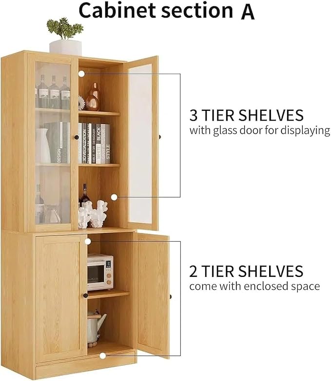 TUSY 71" H Bookshelf with Storage, 6-Tier Modern Bookshelves with 3 Large Drawer, Display Bookcase with Glass Doors, Modern 5-Tier Curio Cabinet for Home Office, Dining Room (Wood, BAB)