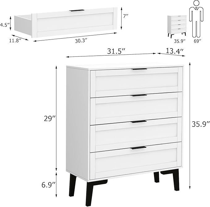 TaoHFE White 4 Drawer Dresser for Bedroom,Wood Lingerie Chest of Drawers for Bedroom,Modern 36inch Tall White Dresser for Bedrooms Living Room, Entryway, Cloakroom