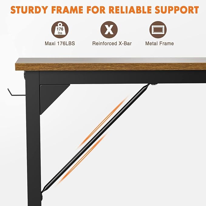 Sweetcrispy Computer Office Desk 55 Inch Student Study Writing Work with Metal Frame Wood Tabletop Modern Simple PC Home Bedroom Table, Rustic Brown