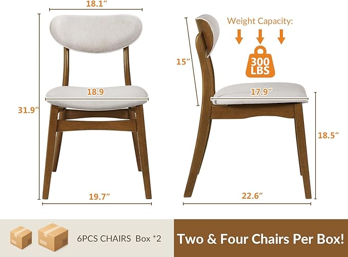 Wooden Dining Chairs Set of 6 - Farmhouse Fabric Upholstered Kitchen Chairs with Curved Back, Solid Wood Mid-Century Modern Side Chair for Dining Room, Beige & Walnut