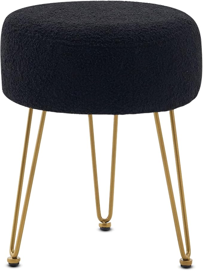 Vanity Stool, Teddy Velvet Ottoman Foot Stool, Dressing Table Seat with Metal Leg Vanity Chair for Bedroom, Living Room, Entryway, Offices