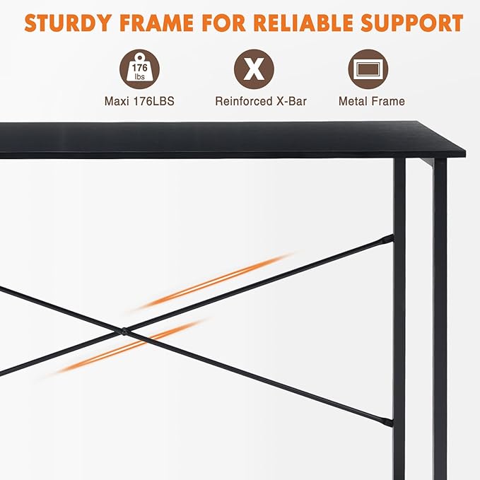Sweetcrispy Computer Office Desk 48 Inch Student Study Writing Work with Metal Frame Wood Tabletop Modern Simple PC Home Bedroom Table - Basic Black