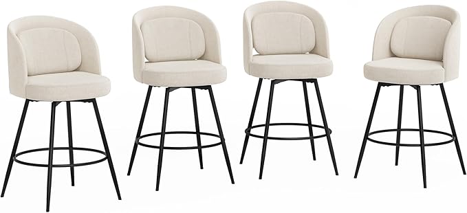 LUE BONA 26''H Swivel Bar Stools Set of 4, Counter Height Bar Stools with Backs, Lumbar Pillow and Black Metal Frames, Upholstered Morden Barstools for Kitchen Island, Linen Farbic, Linen Color