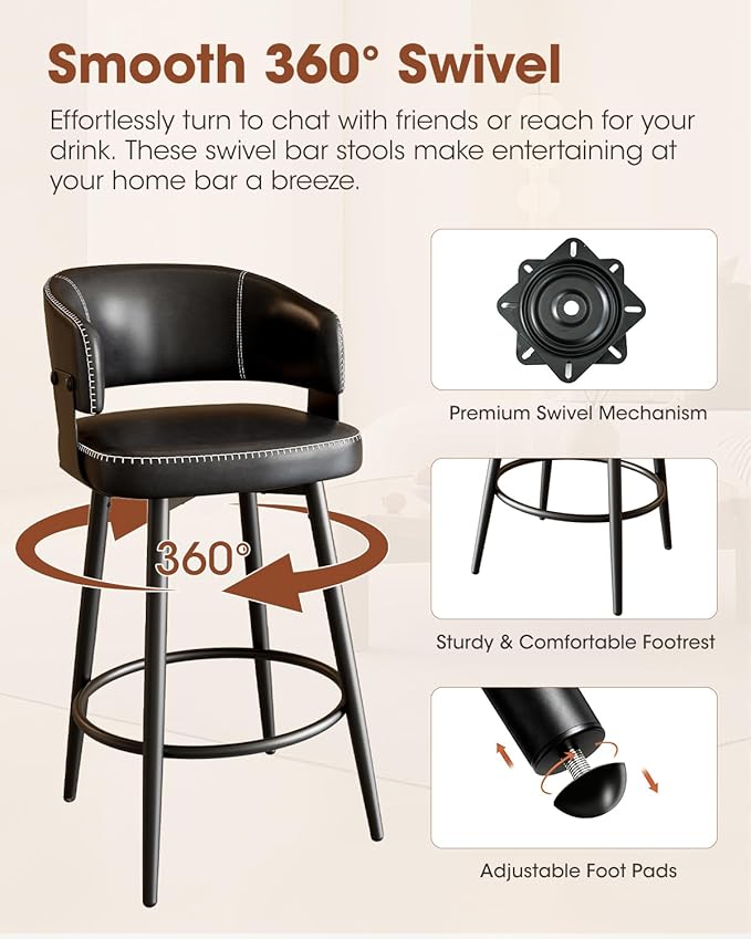 Bar Stools Set of 4, 30" Swivel Bar Height Bar Stools with Curved Back, Mid-Century Modern Faux Leather Bar Chairs with Stitching for Kitchen Island, Dining, Living Room, Vintage Black