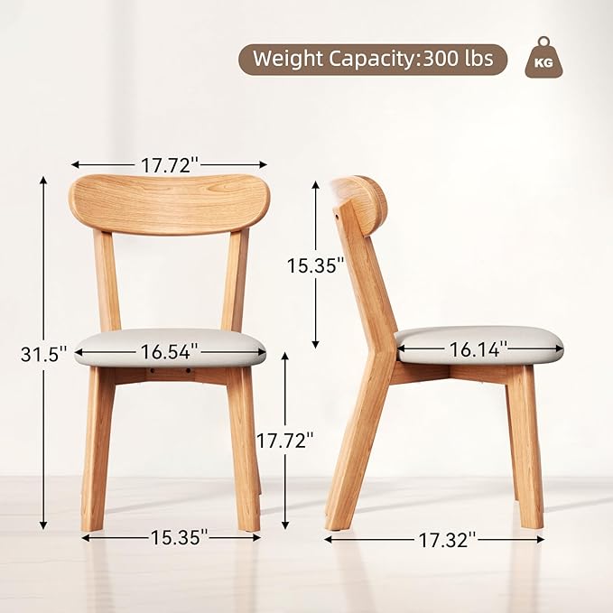 Dining Chairs Set of 2 Mid-Century Modern Oak Upholstered Scandinavian Solid Wood Kitchen & Dining Room Chairs with Curved Backrest Sillas de Comedor for Dining Table(Original/Beige)