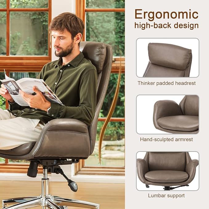 Glitzhome Mid-Century Modern PU Leather Adjustable Swivel High Back Office Chair, Adjustable Task Chair with Lumbar Back Support Executive Swivel Chair(Grey)