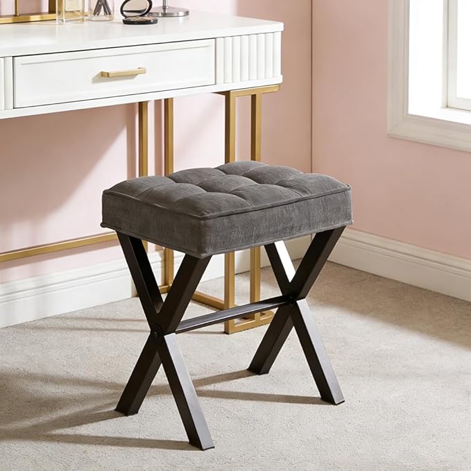 Modern Square Foot Stool Ottoman, Upholstered Vanity Chair with Metal X-Legs & Soft Linen Fabric - Versatile Seat and Footrest for Makeup, Living Room, Bedroom & Entryway(X-Gray)