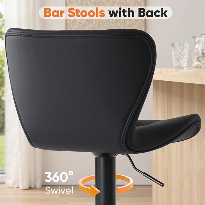 Sweetcrispy Modern Bar Stools Set of 2, Adjustable Faux Leather Upholstered Swivel Bar Stools, Counter Height Bar Chairs with Back for Kitchen Island, Black