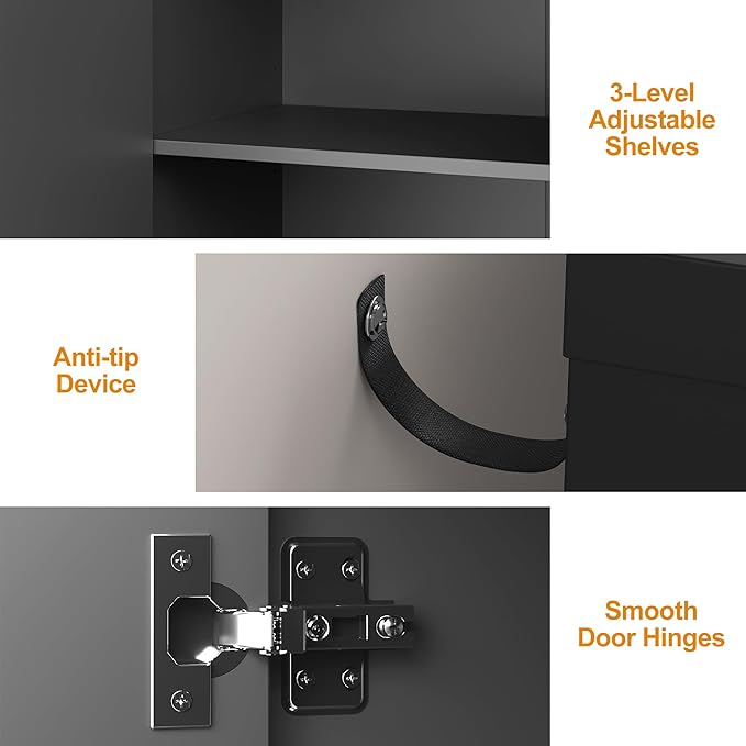 RoyalCraft 56'' Modern Kitchen Buffet Table with 4 Doors and Adjustable Shelves, Sideboard Buffet Cabinet with Storage, Wood Credenza Accent Coffee Bar Cabinet for Entryway, Living Room, Satin Black