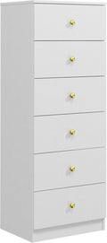 Panana Modern 6 Drawer Vertical Dresser, Wood Tall Chest of Drawers N Arrow Storage Organizer with Wide Drawers & Metal Gold Handles for Bedroom, Living Room, Office, Hallway, Entryway (White)