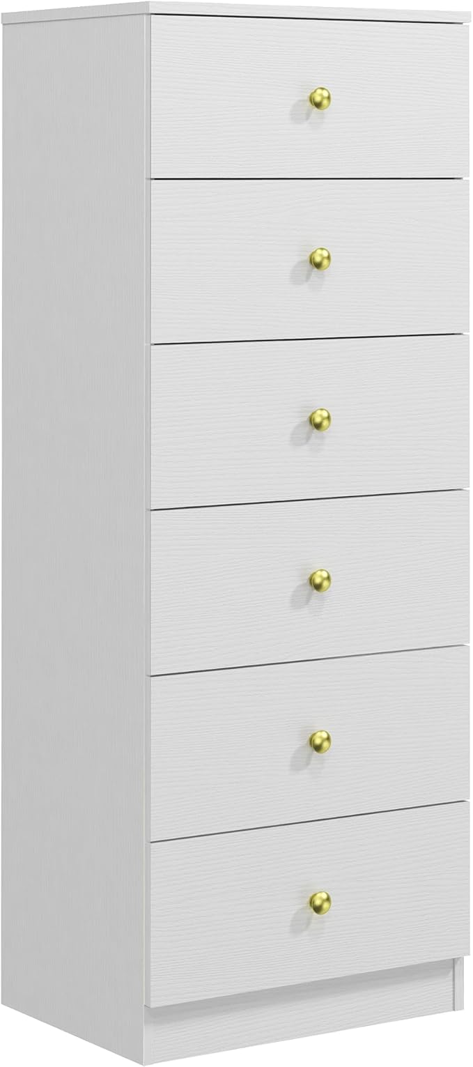 Panana Modern 6 Drawer Vertical Dresser, Wood Tall Chest of Drawers N Arrow Storage Organizer with Wide Drawers & Metal Gold Handles for Bedroom, Living Room, Office, Hallway, Entryway (White)