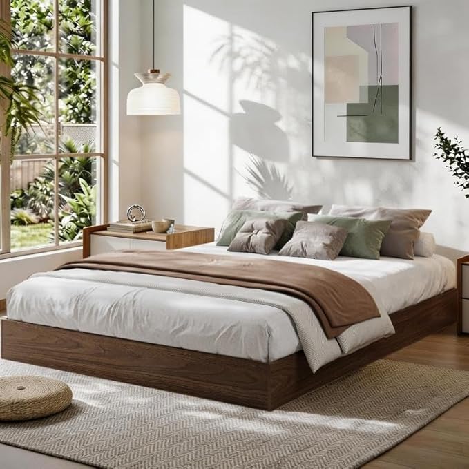 Garvee King Size Solid Wood Platform Bed with Sturdy Wooden Slats, Floor-Standing Bed Frame, Modern Minimalist Design Bed Frame, No Box Spring Needed, Space Saver, Easy Assembly, Walnut Wood