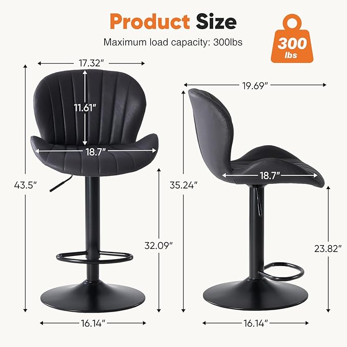 Sweetcrispy Bar Stools Set of 2, Modern Swivel Bar Chairs, Adjustable Fabric Upholstered Barstools Counter Height with Backrest for Bar, Kitchen Island, Dining Room, Black