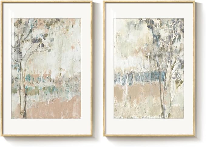 Framed Neutral Abstract Landscape Wall Art for Bedroom, Set of 2 Tree Canvas Large Artwork for Living Room Walls, Modern Nature Scenic Paintings Prints for Office Hallway Home Wall Decor, 20x30 Inch