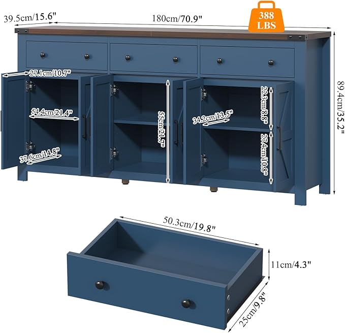 VVFLU 71" Large Sideboard Buffet Cabinet with Storage, Modern Farmhouse Coffee Bar with 3 Drawers and 6 Barn Doors, Dining Room Storage Cabinet, for Kitchen, Living Room, White Wood, Blue Wood