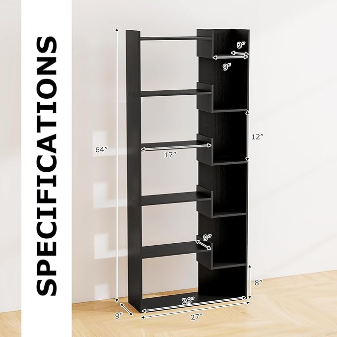 Tangkula 6-Tier Bookshelf, 64”H Tall Open Bookcase with Anti-Tip Kits, Home Office Free-Standing Wood Room Divider Display Book Shelf, Modern 11-Shelf Storage Rack for Study, Living Room (1, Black)