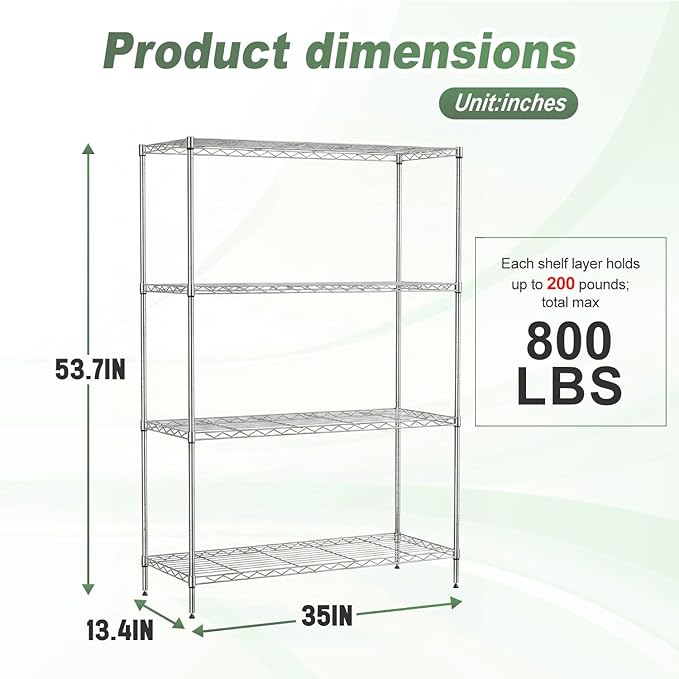 BestOffice 4-Tier Wire Shelving Unit, 800 LBS Heavy Duty Metal Storage Shelves, Adjustable Wire Shelf for Garage, Kitchen, Pantry, Utility Shelving Rack with Leveling Feet, Chrome