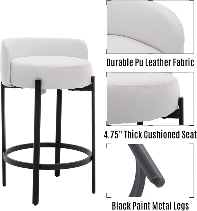 LukeAlon Modern PU Leather Counter Stools Set of 4, Upholstered 26" Seat Height Barstools with Black Metal Legs Round Low Back Kitchen Stools with Footrest for Dining Room Small Places, Cream White