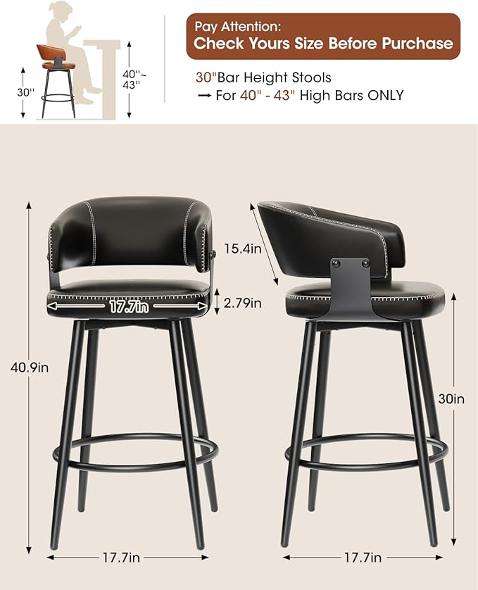 Bar Stools Set of 2, 30" Swivel Bar Height Bar Stools with Curved Back, Mid-Century Modern Faux Leather Bar Chairs with Stitching for Kitchen Island, Dining, Living Room, Vintage Black