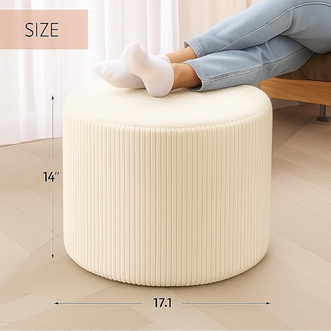 Corduroy White Ottoman Foot Rest Stool – Textured Boucle Corduroy Fabric Footstool with Soft Foam, Round Lightweight Pouf for Cozy Living Room, Bedroom – Warm White