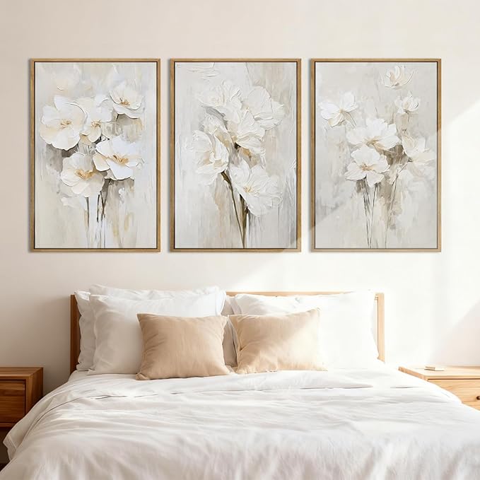 Anyzal Large Framed Beige Floral Wall Art Neutral Flower Wall Decor for Living Room Bedroom Dining Room 24x36 Inch Set of 3