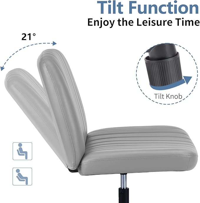DUMOS Desk Chair No Wheels, Criss Cross Chair Wide Cross Legged Office Desk Vanity Chair, PU Leather Armless Adjustable Swivel Chairs for Home Computer Task,Grey-pu