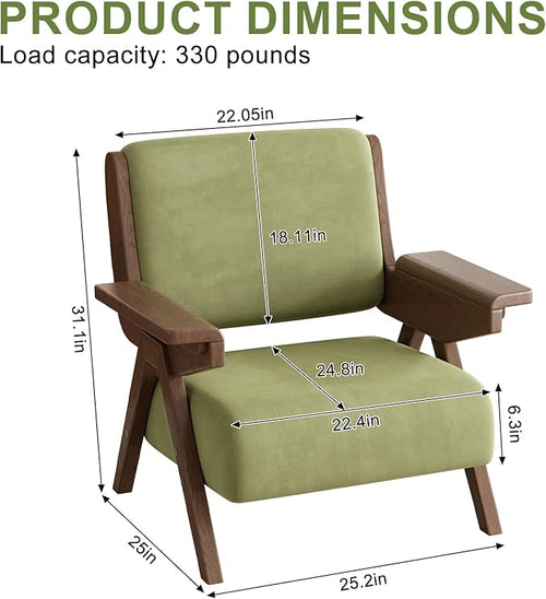 Accent Chair Mid Century Modern Chair, Velvet Upholstered Lounge Arm Chair with Solid Wood, Cozy Reading Chair for Living Room, Bedroom, Balcony (Green, Single Chair)