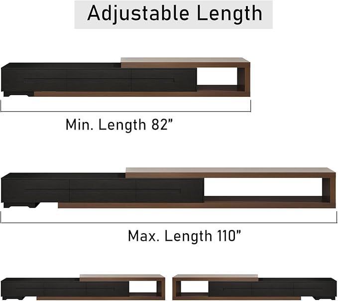Hlivelood Extendable TV Stand, Modern Entertainment Center for Up to 120 Inch TV, Wood Reversible TV Media Console with 3 Drawers for Living Room Bedroom, 82-110"(Black& Walnut)