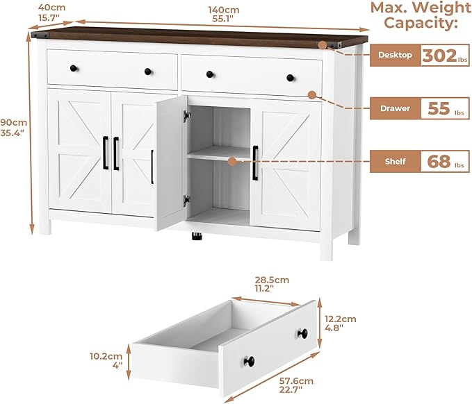 VVFLU 55" Modern Farmhouse Buffet Cabinet with Storage, Coffee Bar Cabinet with 2 Drawers and 4 Barn Doors, Sideboard Storage Cabinet for Kitchen, Dining Room, Living Room, White Wood