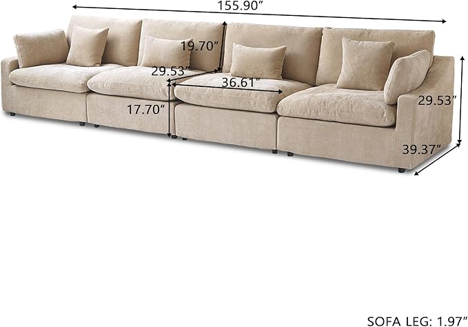 Modular Sectional Sofa Cloud Couch, 155.9" Khaki Modular Couch, Linen Blend Fabric Minimalist Deep Seat Sectional Couches for Living Room, Khaki Sofa Covers Washable&Removable