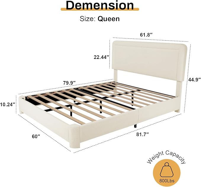 WEUP Queen Size Boucle Bed Frame, Modern Cream Bed Frame with Headboard, Soft Rounded Corners, No Box Spring Required, Adjustable Headboard, Easy Assembly