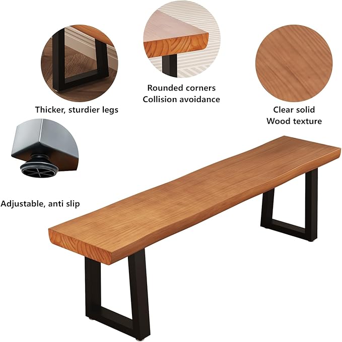 Solid Wood Top Bench with Metal Legs Durable Long Bench for Home Office Living Room Dining Room Versatile Multi Size Options Perfect Chair Stool Dining Bench Dining Chair (Light brown bench, 55.12in)