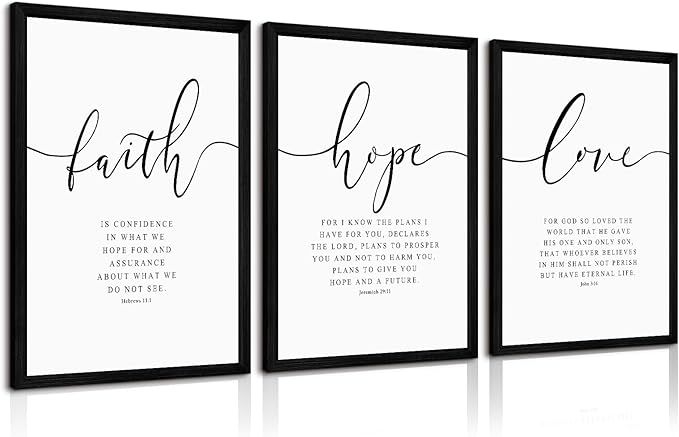 Bible Verses Wall Decor 3 Pieces Scripture Quotes Canvas Wall Art Faith Hope Love Scripture Posters Prints Christian Artwork Pictures for Living Room Bedroom Decoration 12x16 Inch Black Framed
