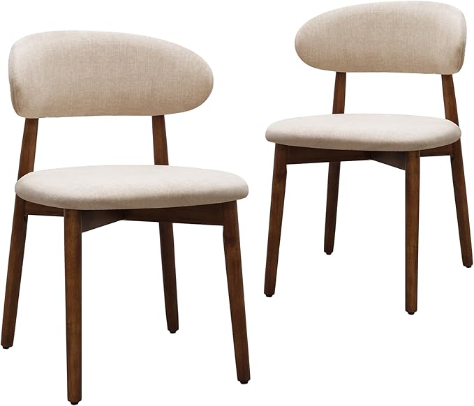 Farmhouse Dining Chairs Set of 2, Mid Century Modern Fabric Upholstered Kitchen Chairs, Wooden Dining Room Chair with Curved Back for Kitchen Dining Room Restaurant Cafe, Light Camel(Only Chairs)