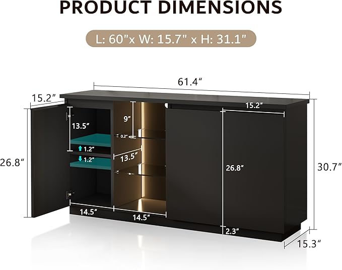 iPormis Sideboard Buffet Cabinet with Storage & LED Lights, Modern Credenza Sideboard With Doors and Adjustable Shelves, 60" Coffee Bar Table Storage Cabinet for Dining Room Kitchen Living Room, Black