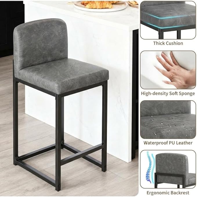 GarveeHome Bar Stools Set of 6, Modern Counter Height Bar Stools with Back and Footrest, Faux Leather Upholstered Barstools Chairs for Kitchen Island Dining Room Bar, Grey