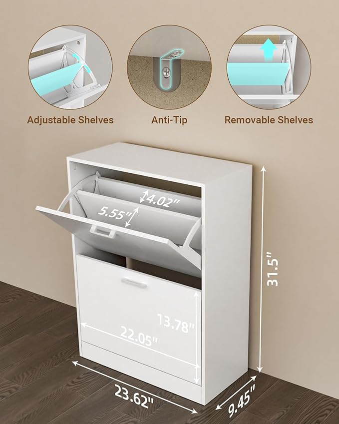 Shoe Cabinet with 2 Flip Drawers, Narrow Freestanding Shoe Organizer for Entryway,Hallway, Living Room, White