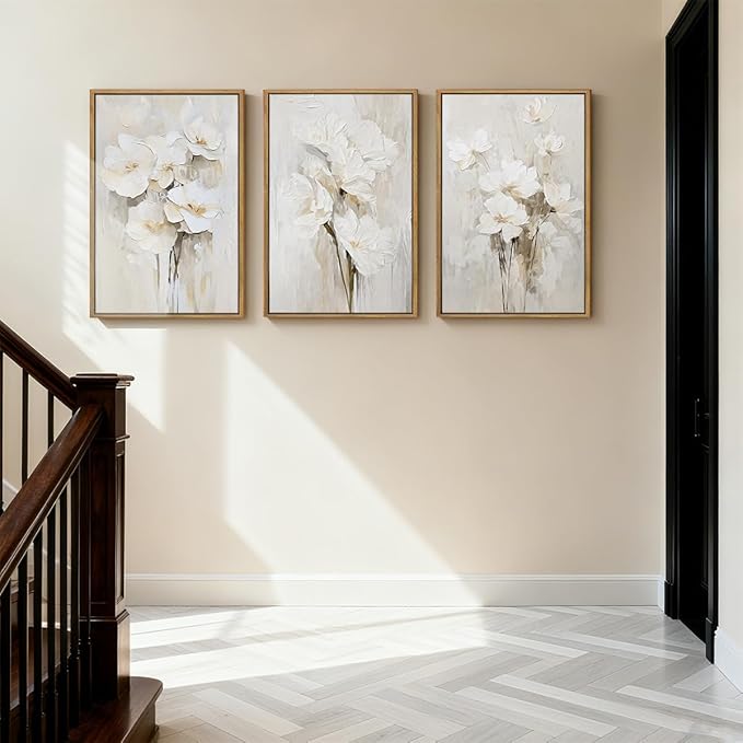 Anyzal Large Framed Beige Floral Wall Art Neutral Flower Wall Decor for Living Room Bedroom Dining Room 24x36 Inch Set of 3