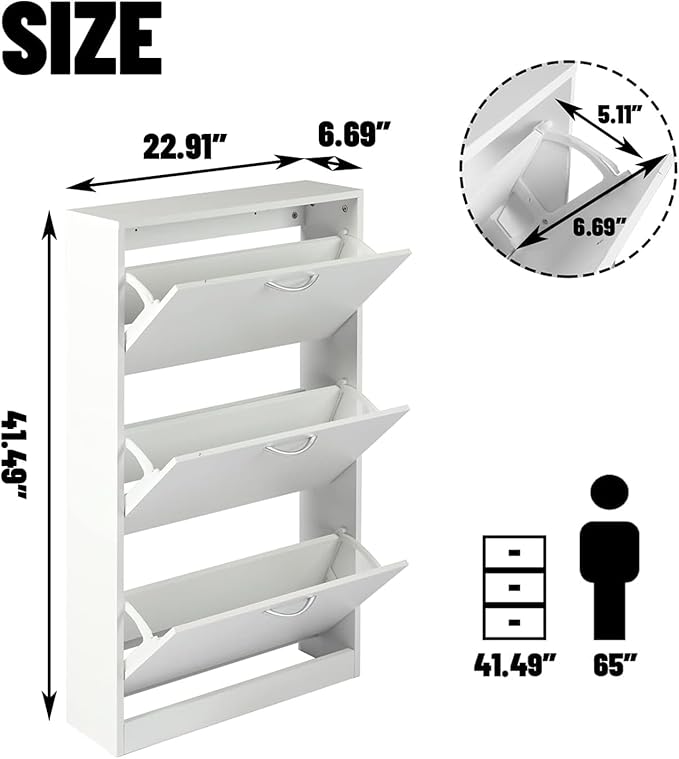 HOPUBUY Shoe Cabinet for Entryway, White Narrow Shoe Storage Cabinet with 3 Flip Drawers, Wood Slim Shoe Rack, 3 Tier Thin Shoe Organizer for Home and Apartment