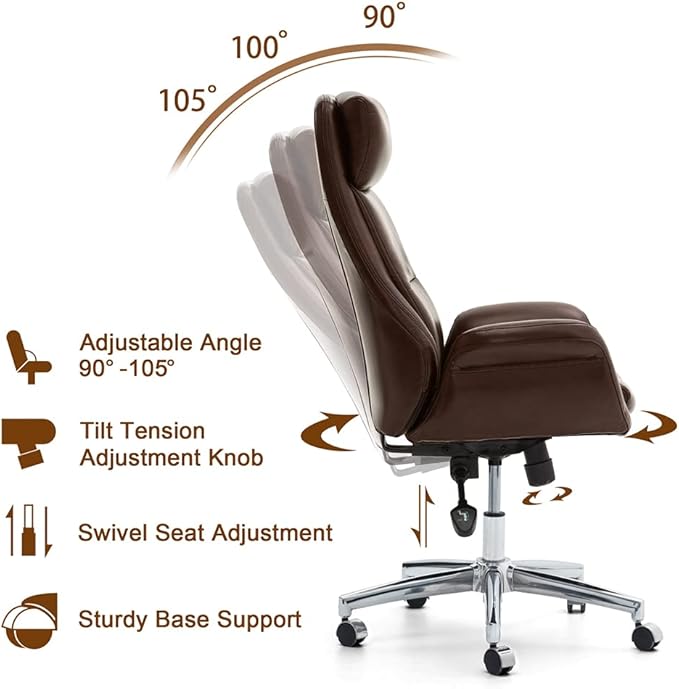 Glitzhome Modern Office Computer Desk Chair, Home Executive High-Back Office Chair PU Leather Adjustable Upholstered Swivel Task Chair with Armrest(Brown)