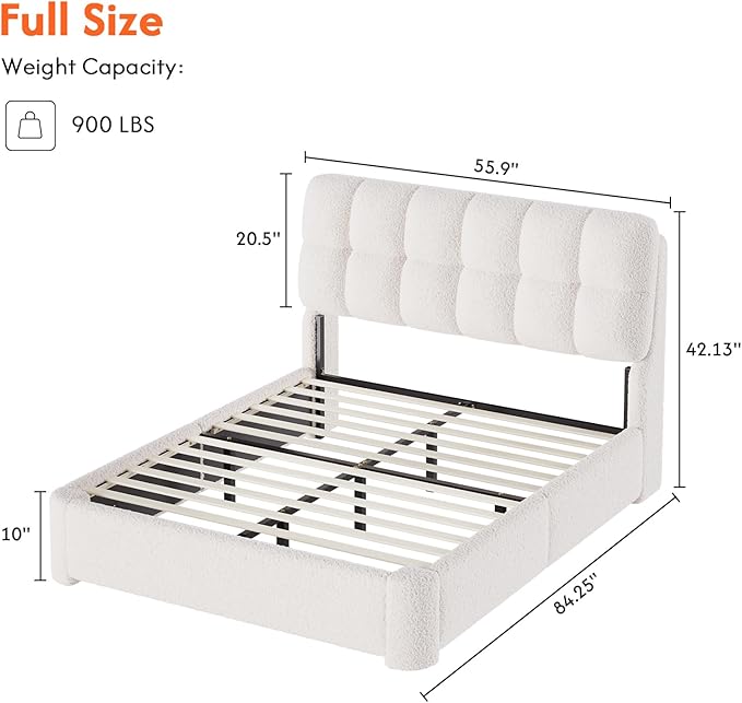 DICTAC Boucle Full Size Bed Frame with Headboard, Modern Upholstered Platform Bed Frame Full with Rounded Corners, Soft Cloud beds, Wood Slats Support, No Box Spring Needed, Easy Assembly, Cream