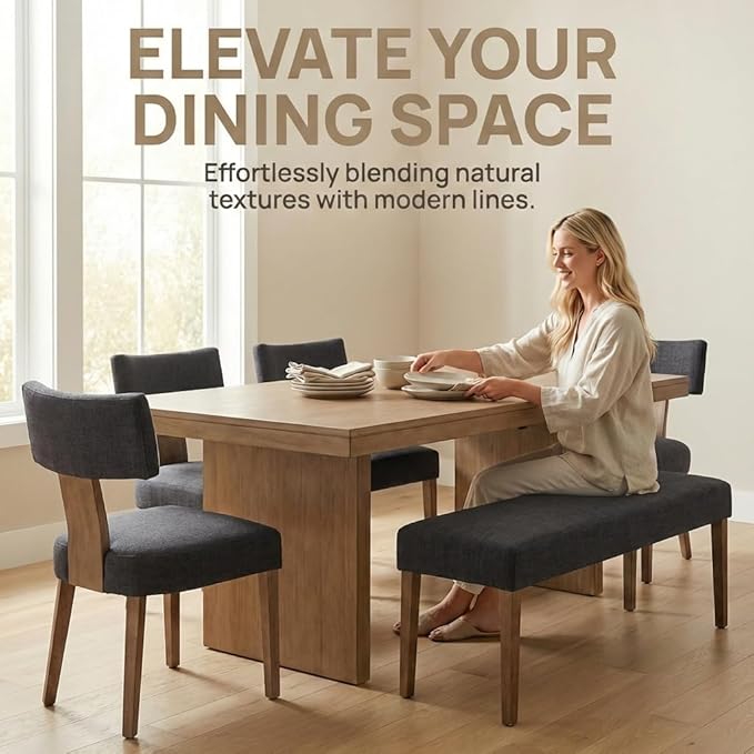 HNY Mid Century Modern Dining Chairs Set of 6, Farmhouse Linen Upholstered Accent Chairs Curved Backrest Kitchen Chairs, with Hardwood Frame, Charcoal