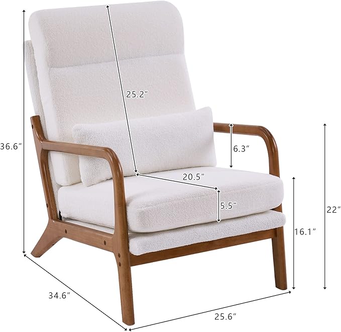 Karl home Accent Chair Mid-Century Modern Chair with Pillow High Back Teddy Fleece Upholstered Lounge Arm Chair with Solid Wood Frame & Soft Cushion for Living Room, Bedroom, Balcony, White