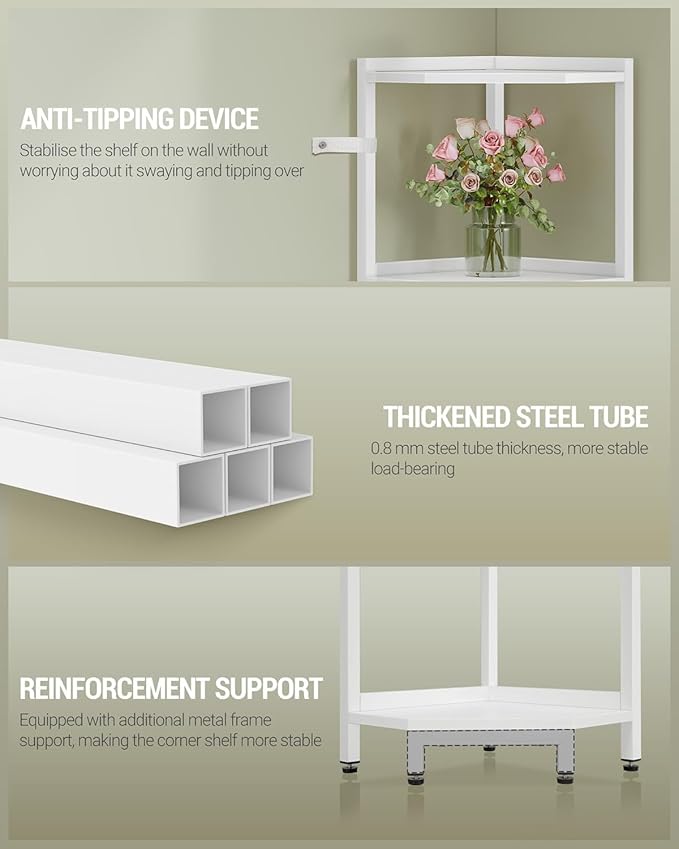 Hzuaneri Corner Shelf Stand, Corner Bookshelf, Storage Standing Shelf Unit with Metal Frame, Plant Stand, Bookcase for Living Room, Home Office, Bedroom, 4-Tier White CS05813W